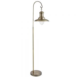 FISHERMAN, ANTIQUE BRASS FLOOR LAMP WITH CLEAR GLASS SHADE