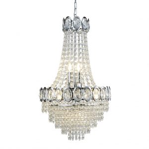 LOUIS PHILIPPE CHROME 6 LIGHT CHANDELIER WITH CRYSTAL STRINGS & BEADS