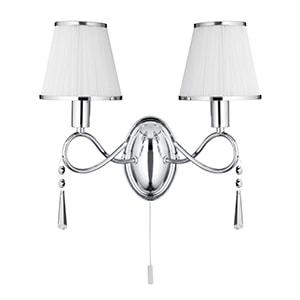 SIMPLICITY CHROME 2 LIGHT WALL BRACKET WITH GLASS DROPS & WHITE STRING SHADES