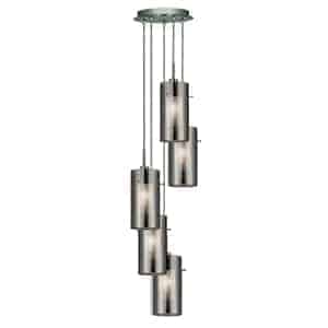 DUO 2 CHROME 5 LIGHT MULTI-DROP PENDANT WITH SMOKED GLASS CYLINDER SHADES