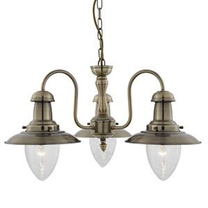 FISHERMAN ANTIQUE BRASS 3 LIGHT FITTING WITH OVAL SEEDED GLASS SHADES