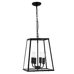 VOYAGER MATT BLACK TAPERED 4 LIGHT LANTERN WITH CLEAR GLASS METAL PANELS