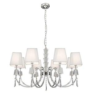 PORTICO CHROME 8 LIGHT FITTING WITH CRYSTAL DROPS & SQUARE WHITE STRING SHADES