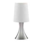 SATIN SILVER TOUCH TABLE LAMP WITH WHITE FABRIC SHADE