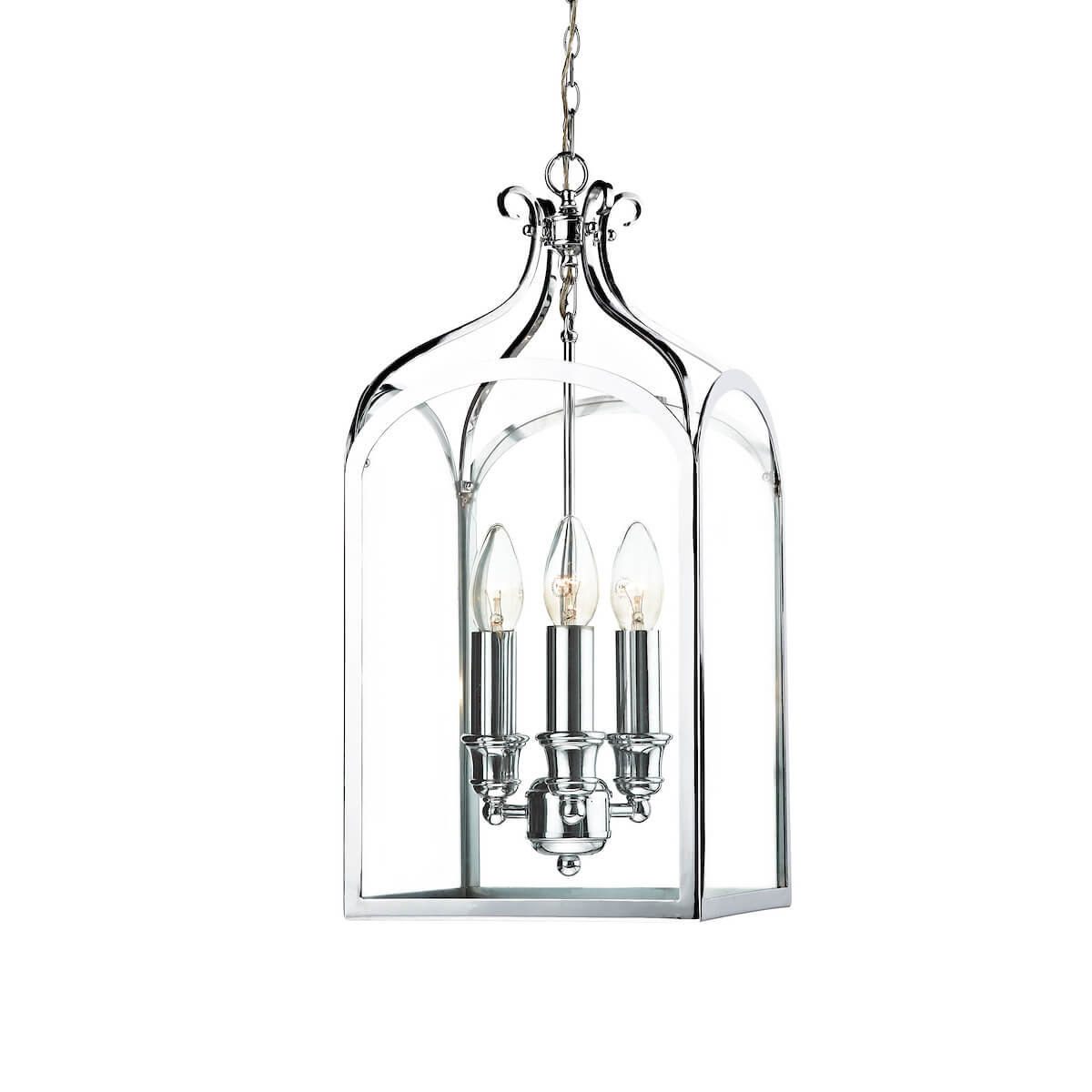 3 light pendant in lantern style enclosed in glass with polished chrome metal framework