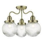 Tamara 3 Light Bathroom Semi Flush Antique Brass Ribbed Glass IP44