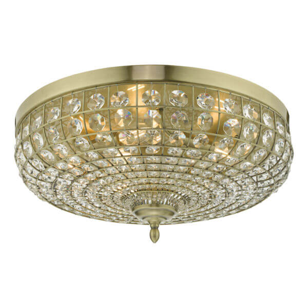 An antique brass with crystal beading shown flush mounted.