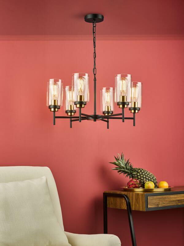 Abel 6 Light Pendant Satin Black & Gold with Glass Shades - Image 2